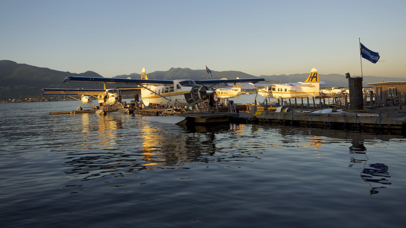 Seaplanes on Vancouver Harbour at sunset