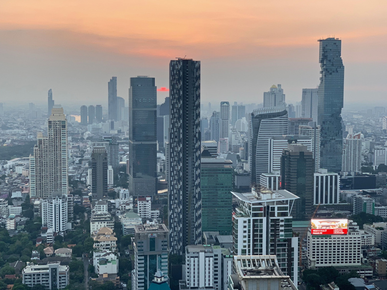 Bangkok's smoggy skyline, at sunset