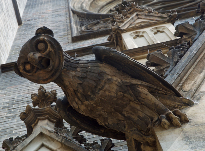 An owl 'gargoyle' on the Church of St. Ludmila, in Prague