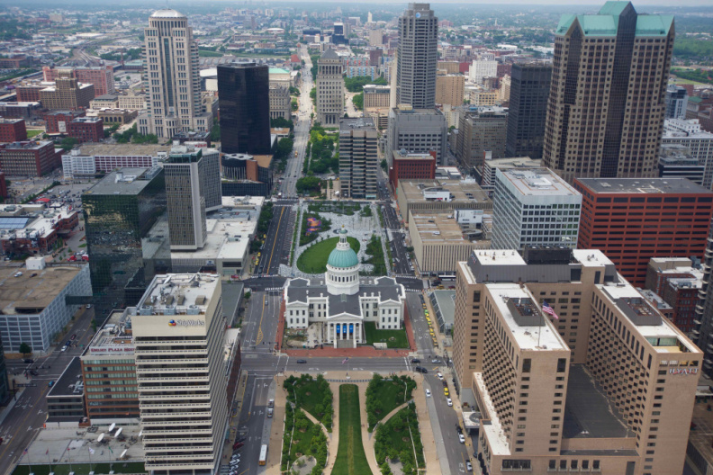 View of downtown Saint Louis from the top of the Gateway Arch — in St. Louis.
