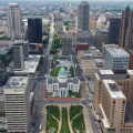 View of downtown Saint Louis from the top of the Gateway Arch — in St. Louis.