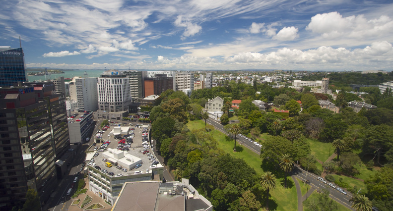 Looking over Albert Park, Auckland (and the Hauraki Gulf) from the Metropolis apartments
