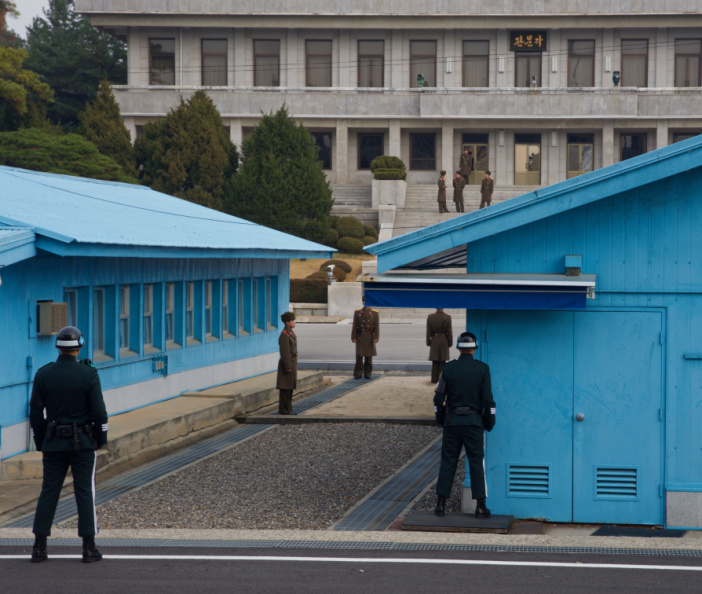 North and South Korean soldiers face off at the 'Joint Security Area', Panmunjom, in the Korean DMZ