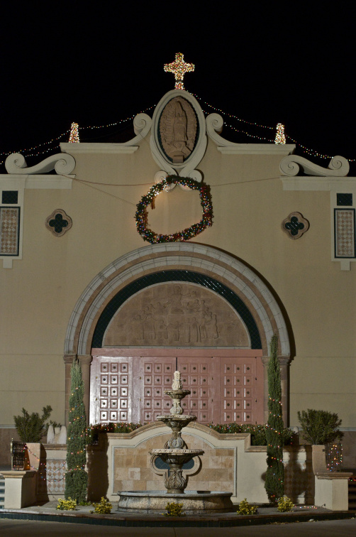 Christmas decorations outside a church at night, El Paso, Texas