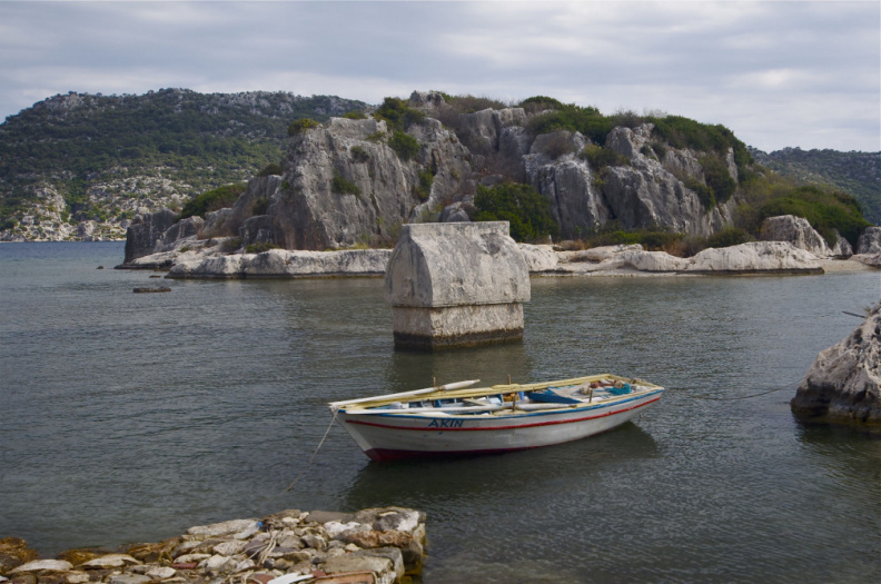 Lycian sarcophagus (from ~400 BC) sitting in the harbor in Kaleköy (ancient Simena)