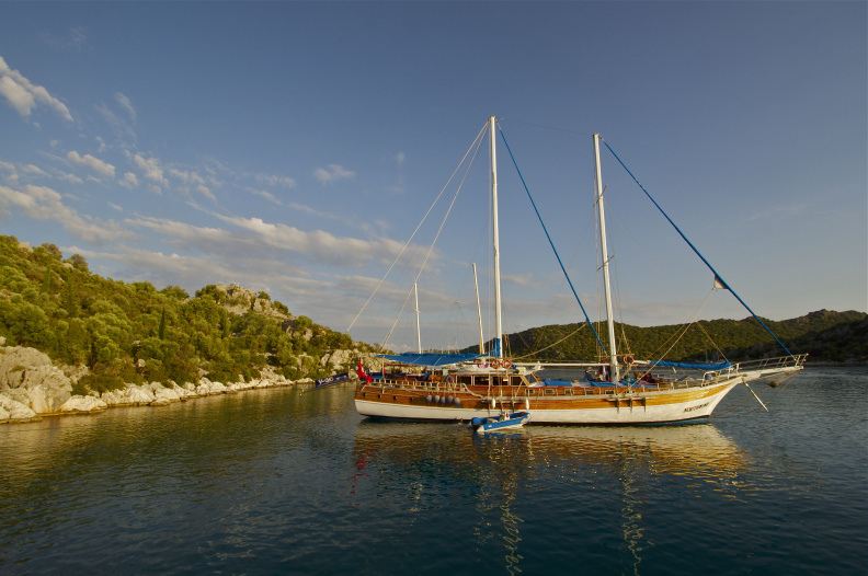 Turkish tourist yacht, moored off Kekova Island at sunset