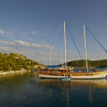Turkish tourist yacht, moored off Kekova Island at sunset