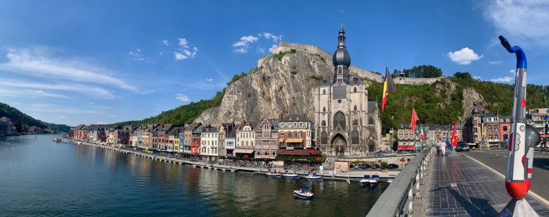 The bridge over the river Meuse at Dinant is lined with giant saxophones