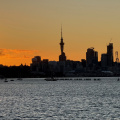 Auckland city skyline at sunset, from Orakei